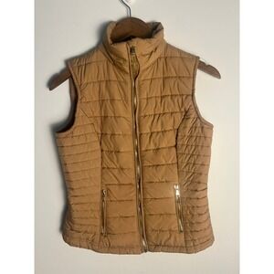 LA Coalition Wm XS Quilted Puffer Vest Camel Tan Faux Fur Collar Chic Minimalist